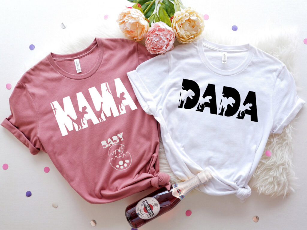 Mama and Dada dinosaur-themed pregnancy t-shirts