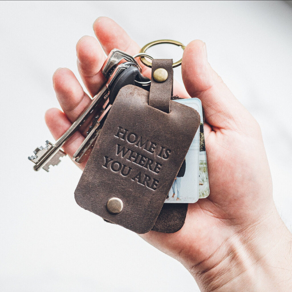 embossed leather photo keychain