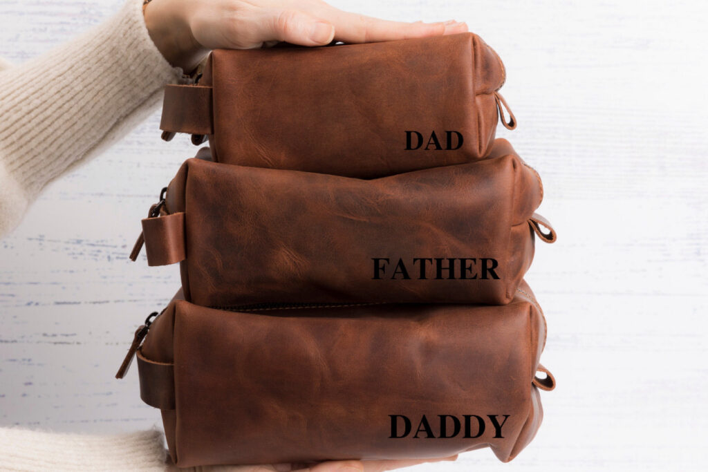 leather embossed dopp bag for dad