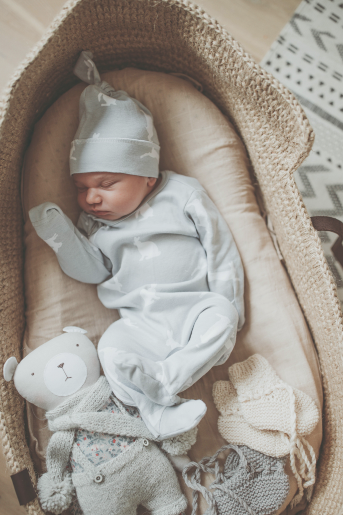 newborn baby sleeping in basket